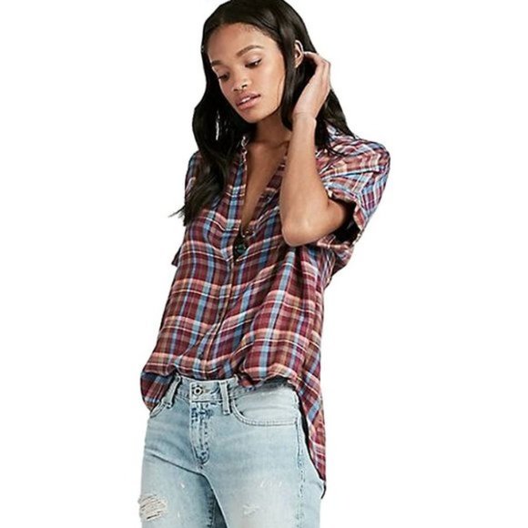 LUCKY BRAND Plaid Flannel Short Sleeve Button Down Tunic Shirt - Picture 7 of 8